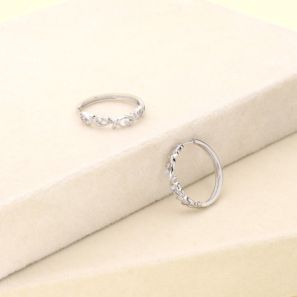 Flatlay view of Leaf Filigree CZ Necklace and Hoop Earrings Set in Sterling Silver, 3 of 9