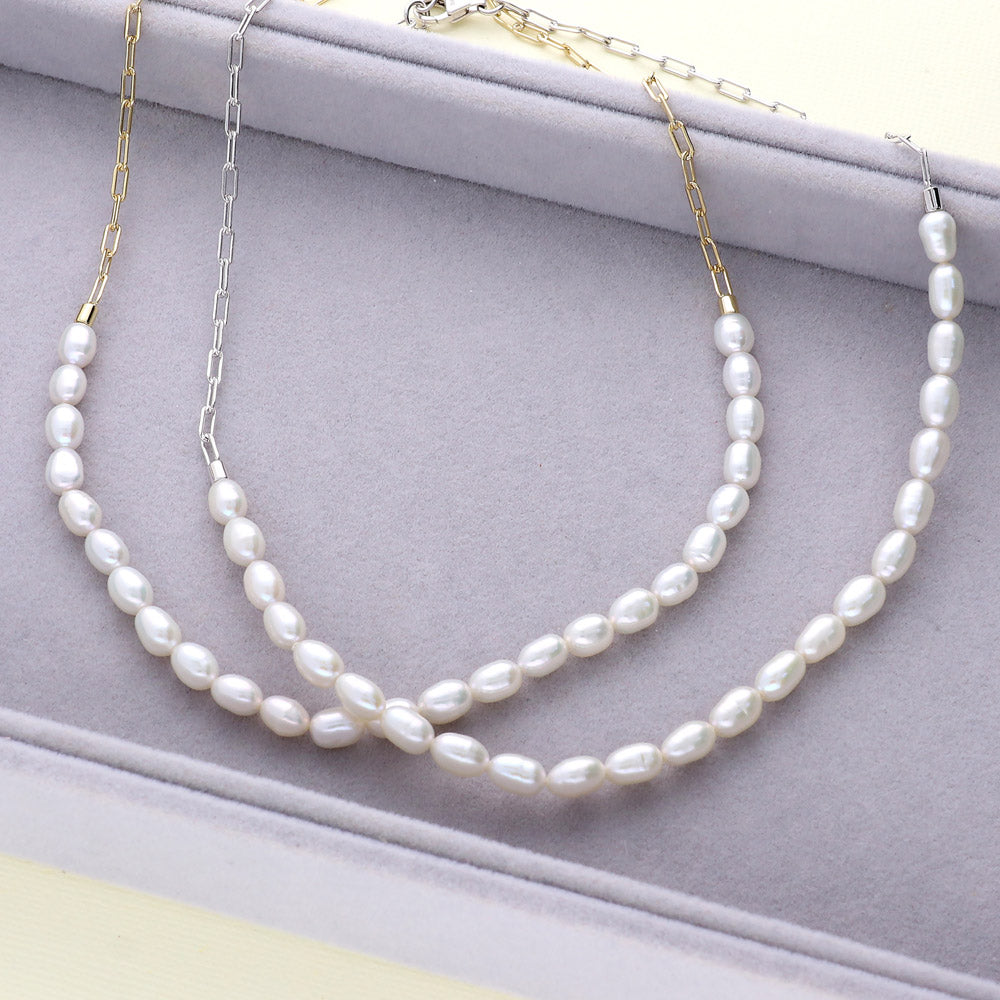 Flatlay view of Paperclip White Oval Cultured Pearl Chain Necklace in Sterling Silver, 16 of 18