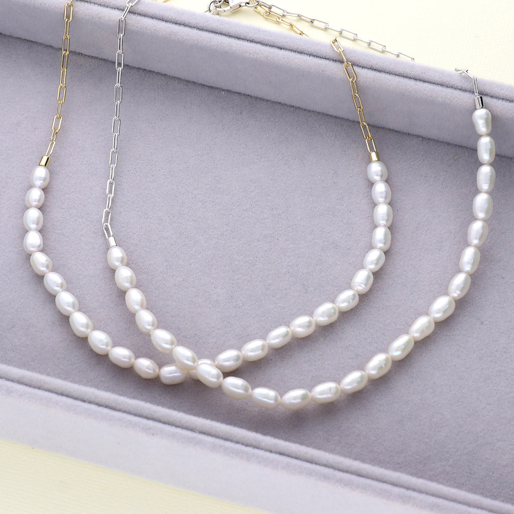 Flatlay view of Paperclip Cultured Pearl Link Chain Necklace in Sterling Silver