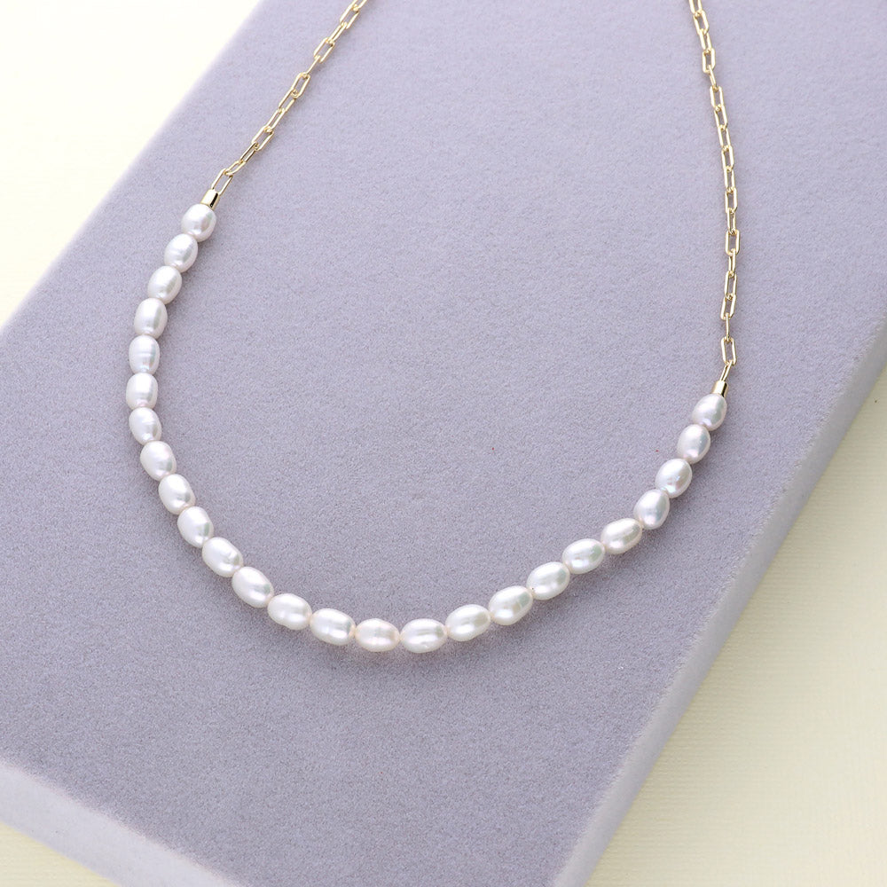 Flatlay view of Paperclip White Oval Cultured Pearl Chain Necklace in Sterling Silver, 9 of 18