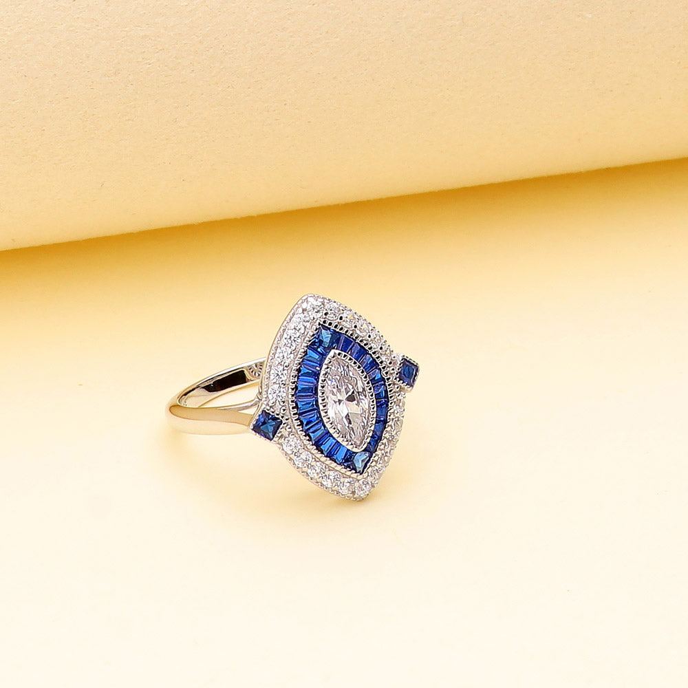 Navette Halo Art Deco Milgrain CZ Ring in Sterling Silver