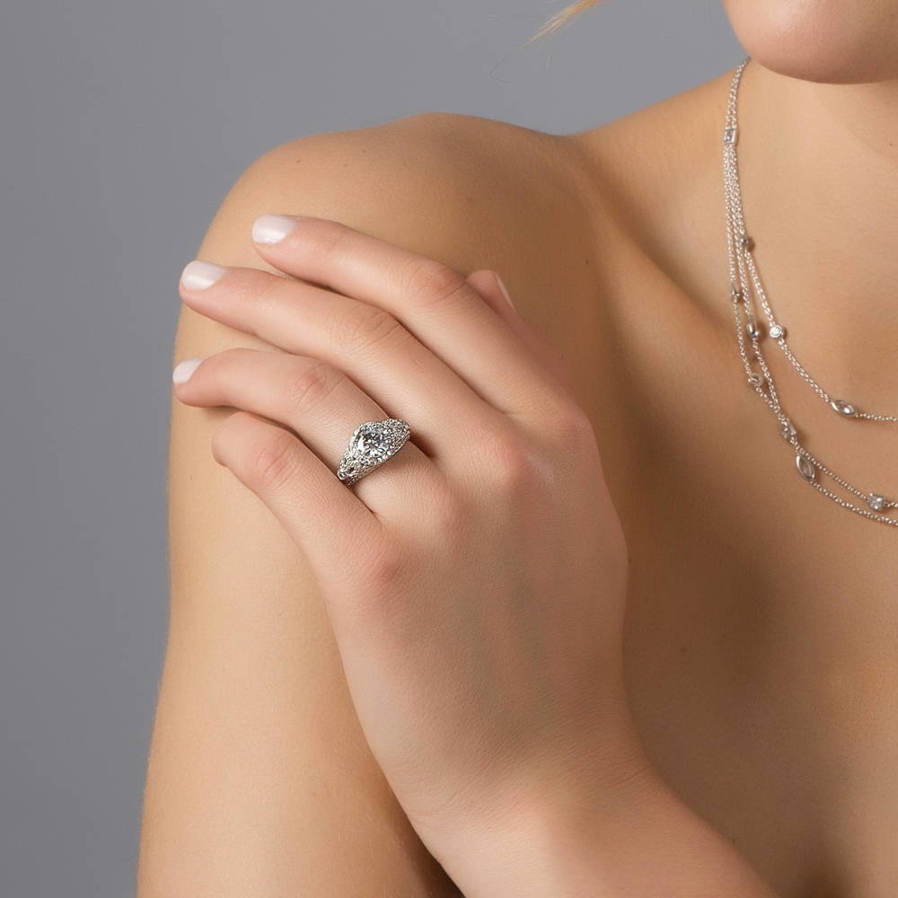 Model wearing Halo Art Deco Milgrain CZ Ring in Sterling Silver, 9 of 11