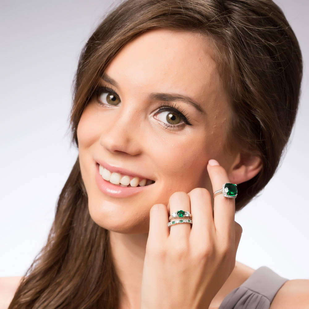Image Contain: Model Wearing 3-Stone Ring, Art Deco Eternity Ring, Halo Ring