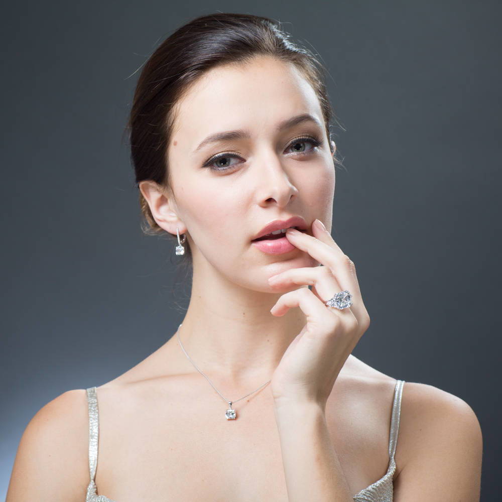 Model wearing 3-Stone Asscher CZ Statement Ring in Sterling Silver, 10 of 12