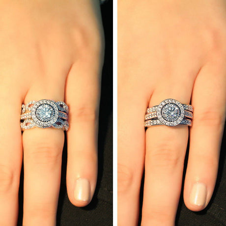Model Wearing Half Eternity Ring, Halo Ring, Woven Half Eternity Ring