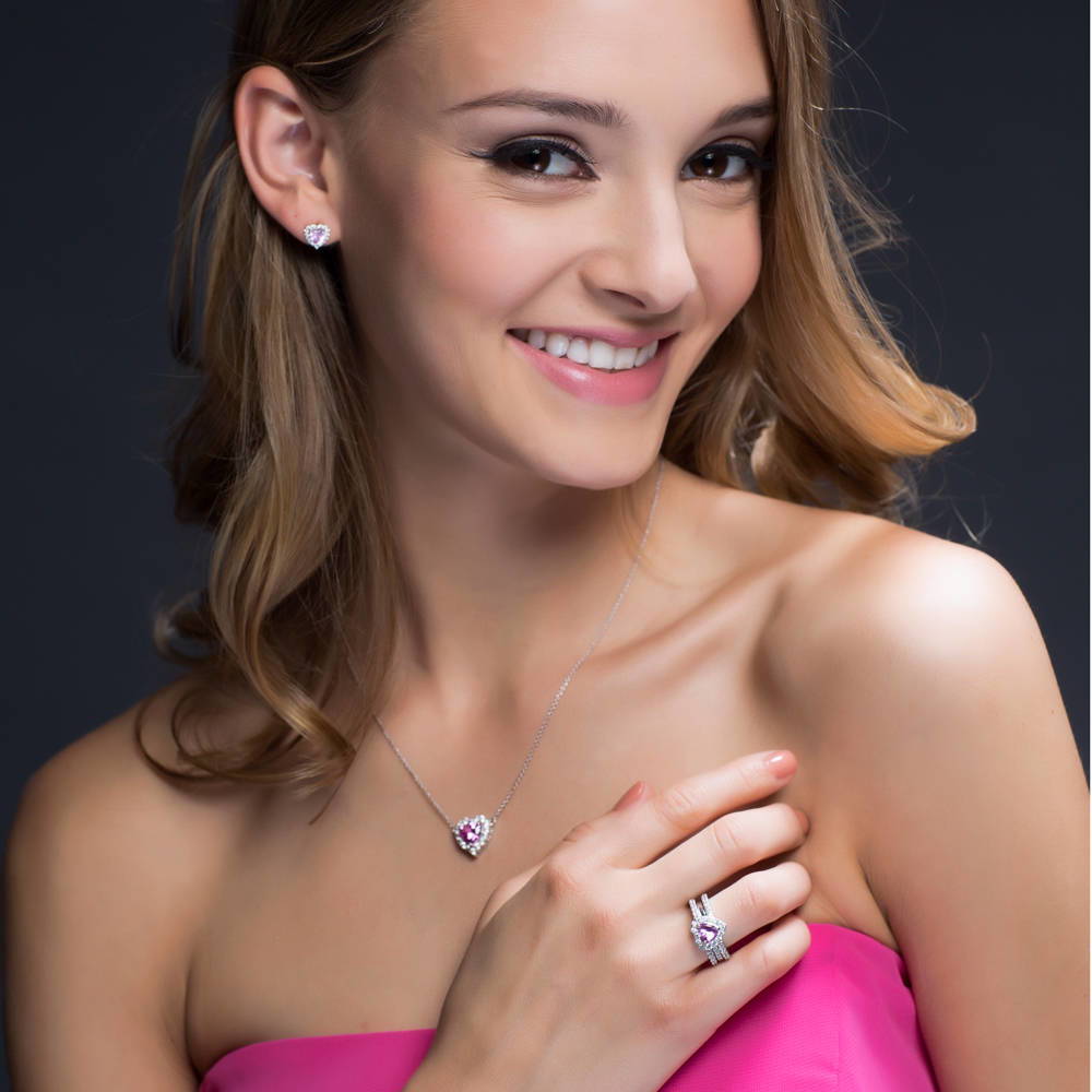 Model wearing Halo Heart Pink CZ Pendant Necklace in Sterling Silver, 2 of 7
