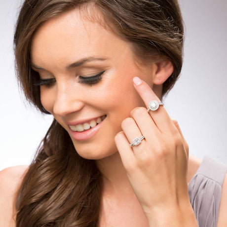 Model Wearing Half Eternity Ring, Halo Ring