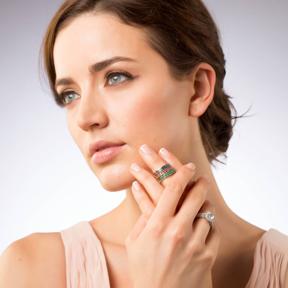 Model wearing Pave CZ Eternity Ring in Sterling Silver, 7 of 9