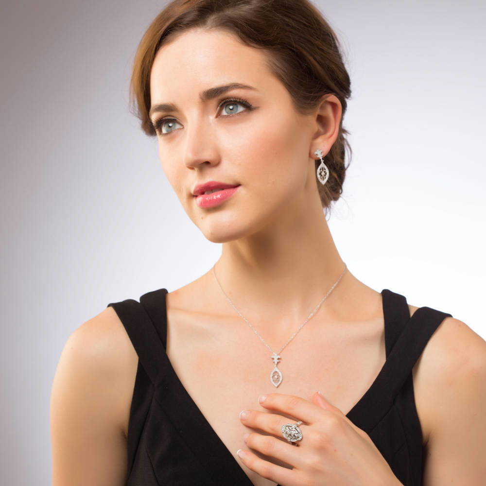 Model wearing Navette Art Deco Milgrain CZ Ring in Sterling Silver, 2 of 11