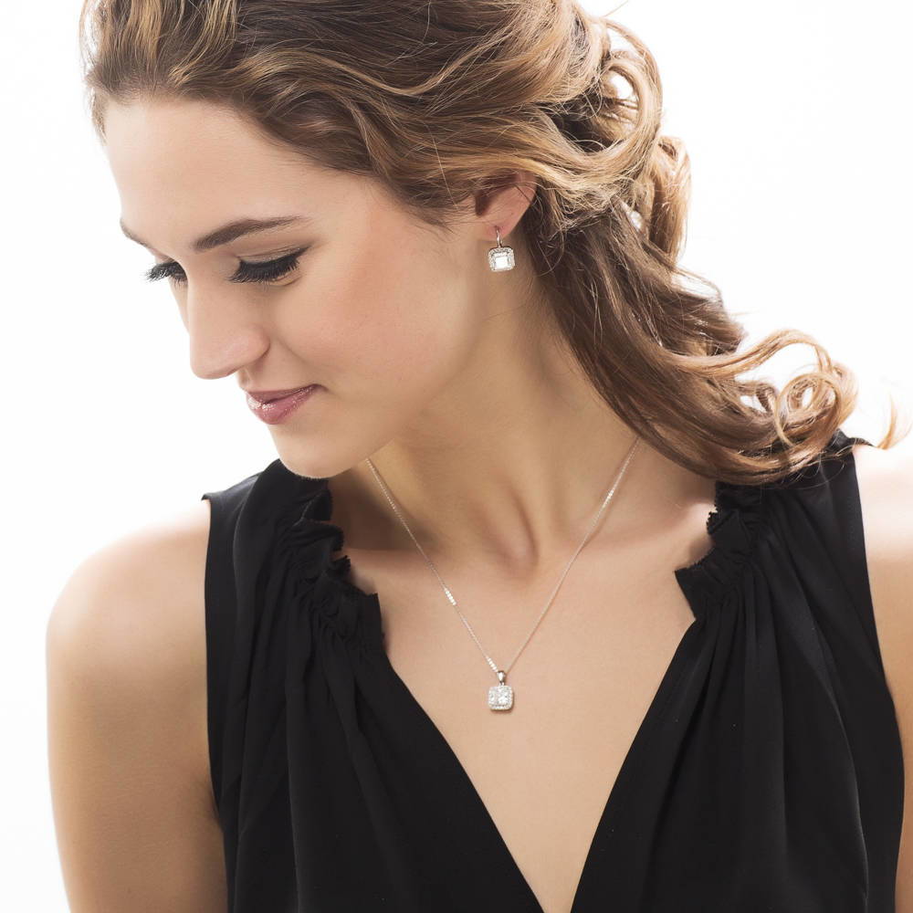Model wearing Halo Princess CZ Leverback Earrings in Sterling Silver, 2 of 3