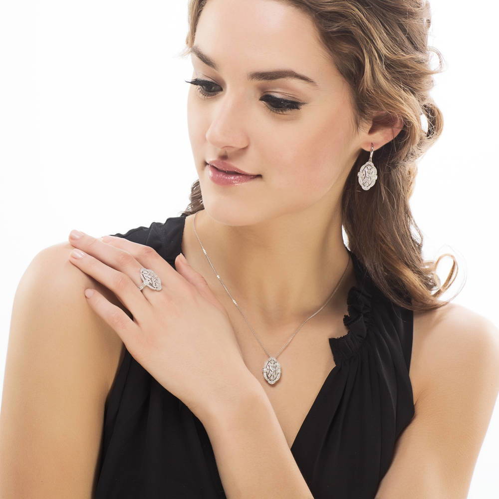 Model wearing Art Deco Milgrain CZ Necklace and Earrings Set in Sterling Silver, 5 of 9