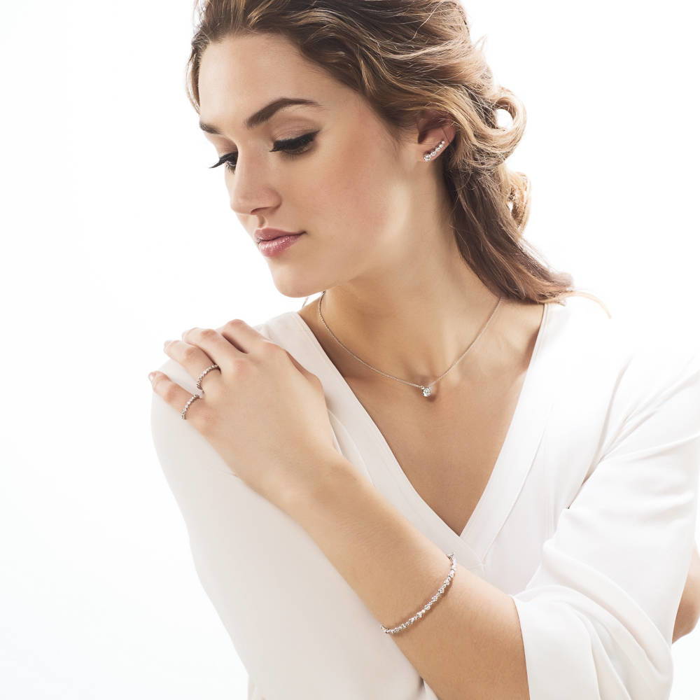 Model wearing Solitaire 0.45ct Bezel CZ Mini Necklace in Sterling Silver, Rhodium Plated