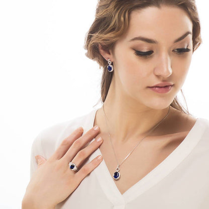 Halo Sapphire-Blue Oval CZ Earrings in Sterling Silver