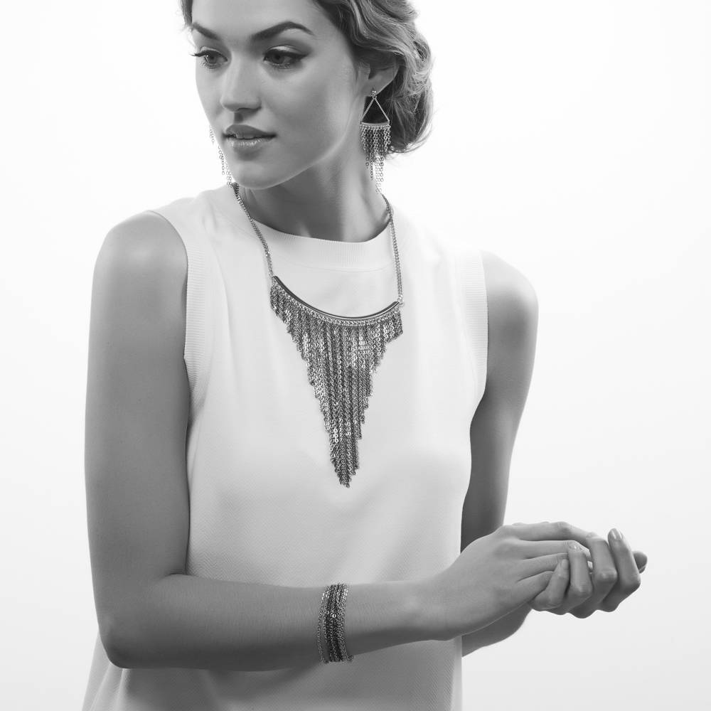Model wearing Fringe Statement Necklace in 2-Tone, 2 of 5
