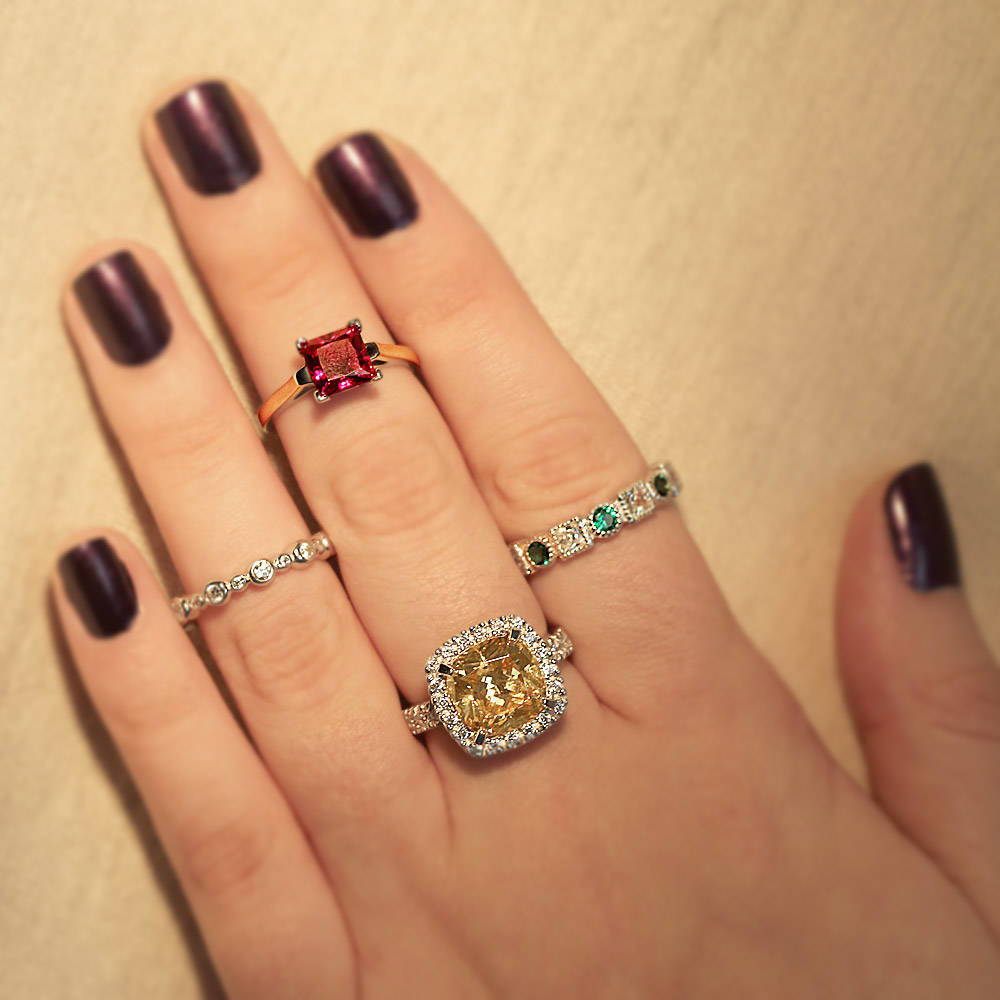 Image Contain: Model Wearing Art Deco Eternity Ring, Bubble Eternity Ring, Halo Ring, Solitaire Ring