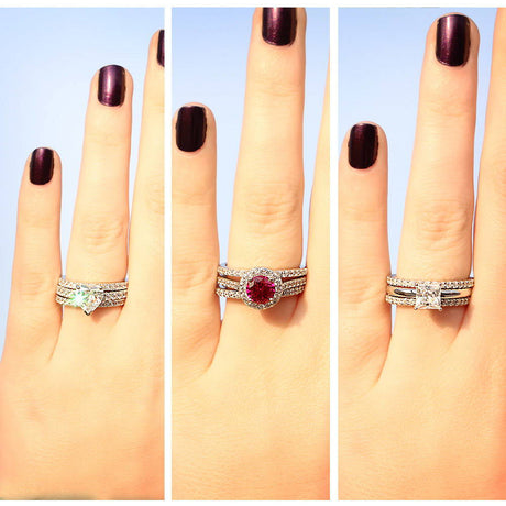 Model Wearing Eternity Ring, Half Eternity Ring, Halo Ring, Solitaire Ring, Solitaire with Side Stones Ring