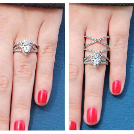 Image Contain: Model Wearing Criss Cross Ring, Halo Split Shank Ring, Wishbone Curved Half Eternity Ring