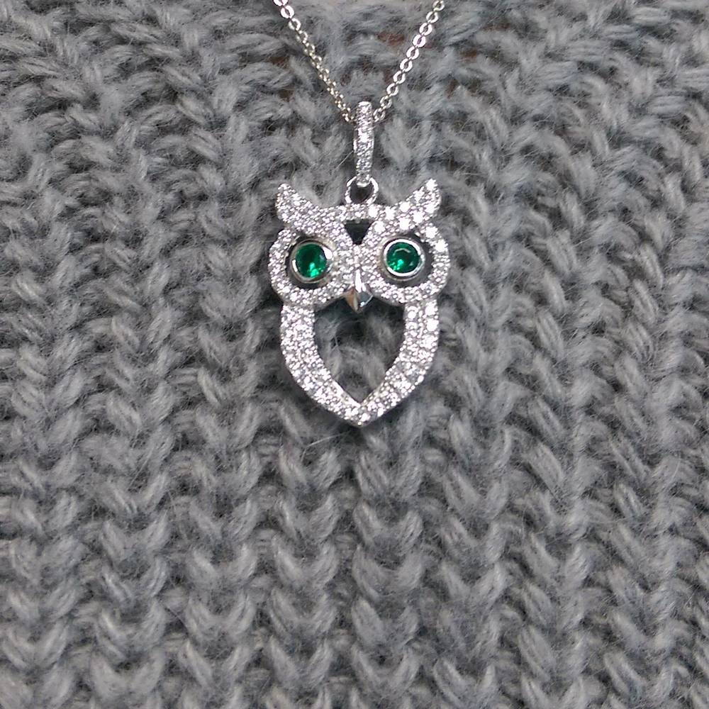 Sterling Silver Owl Cubic Zirconia CZ Pendant Necklace #N1413-01