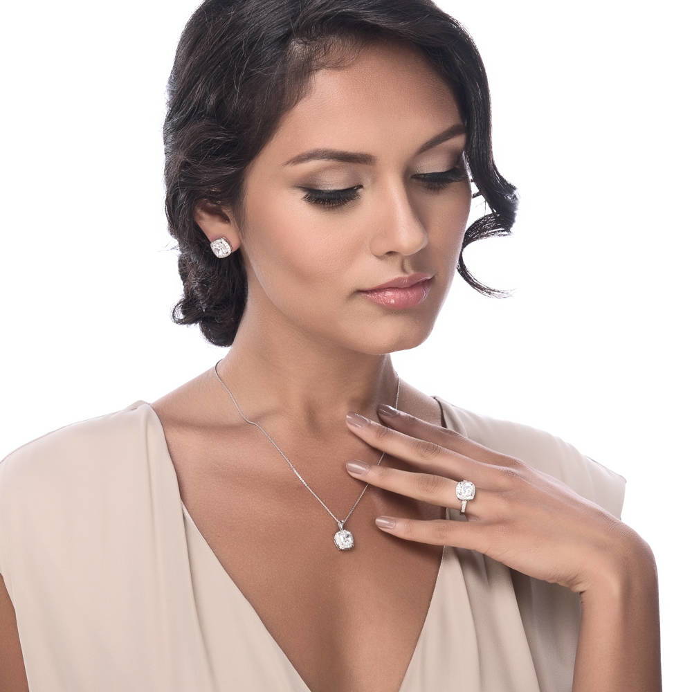 Model wearing Halo Cushion CZ Ring in Sterling Silver, 3 of 10