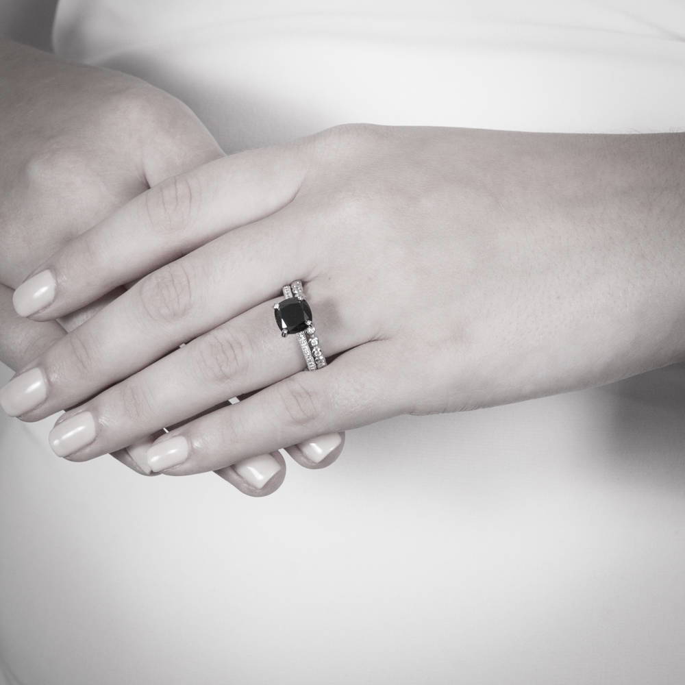 Solitaire 3ct Black Cushion CZ Ring in Sterling Silver
