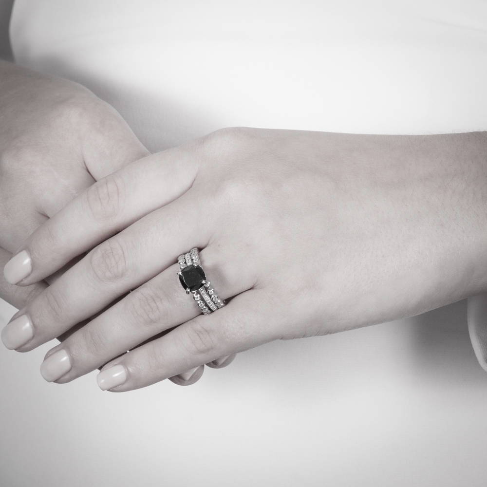 Solitaire 3ct Black Cushion CZ Ring in Sterling Silver
