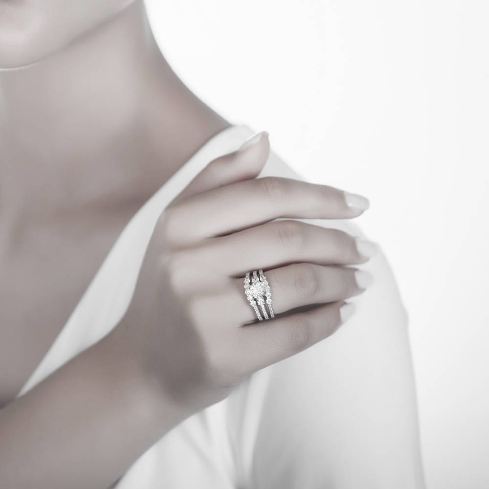 Model wearing 3-Stone Round CZ Ring Set in Sterling Silver, 5 of 16
