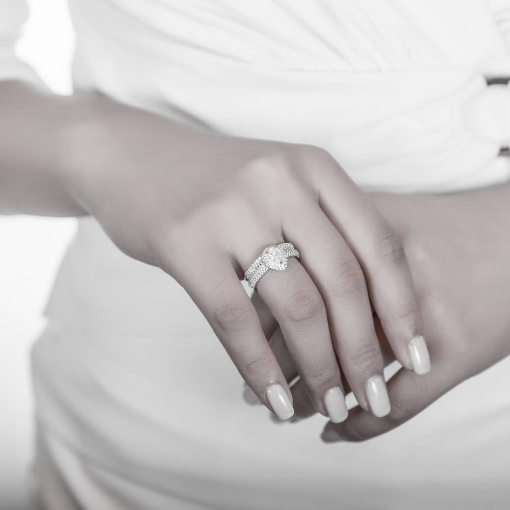 Model wearing Halo Pear CZ Ring Set in Sterling Silver, 3 of 9