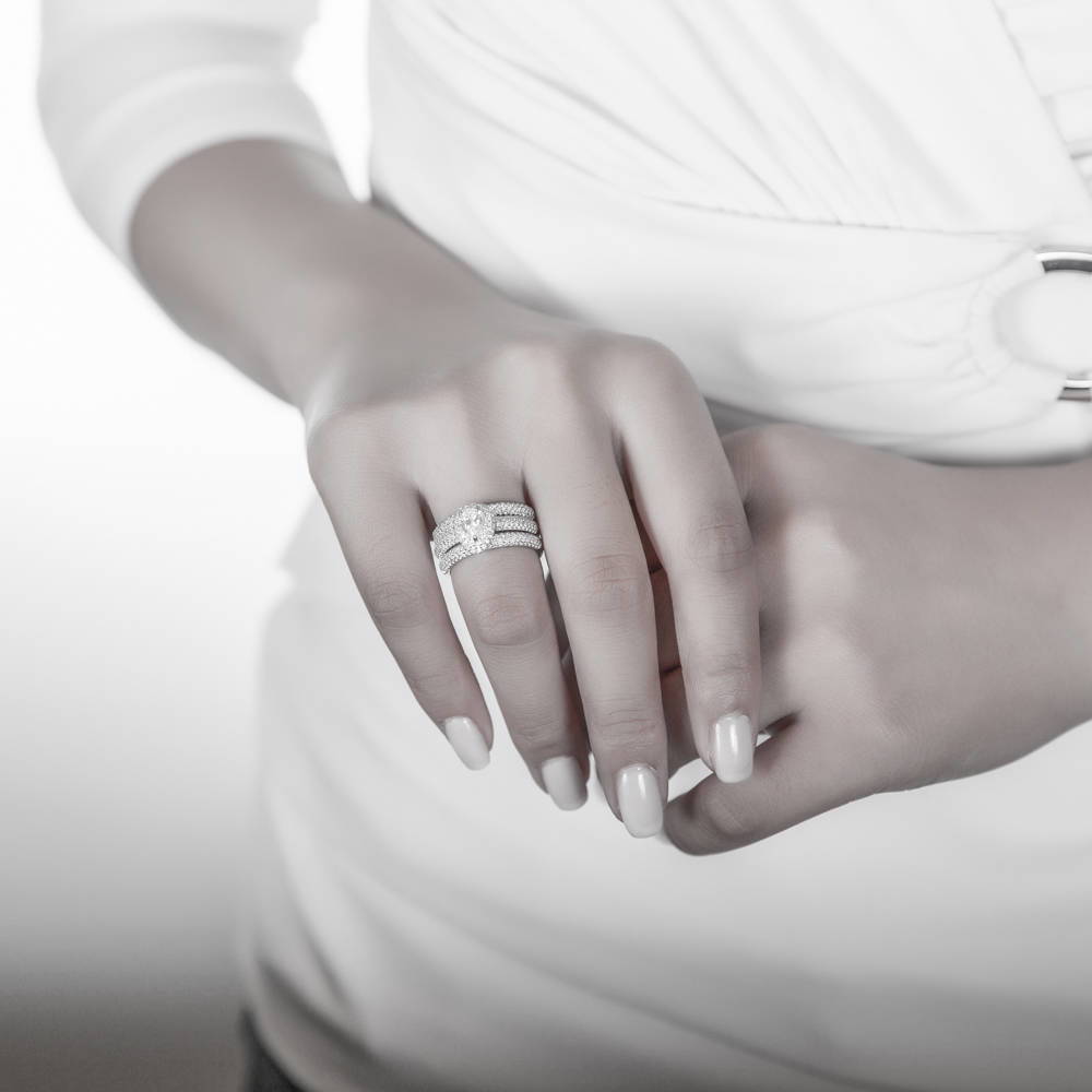 Model wearing Halo Pear CZ Ring Set in Sterling Silver, 2 of 8