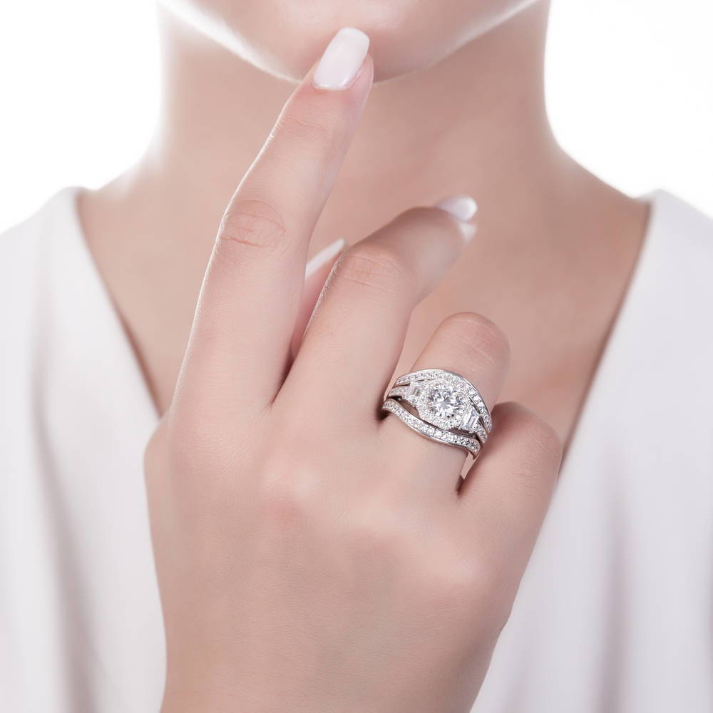 Model wearing Halo Art Deco Round CZ Ring Set in Sterling Silver, 5 of 14