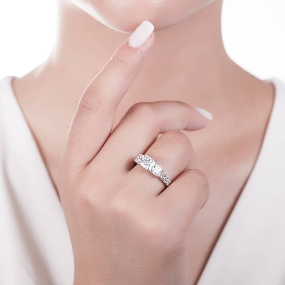 Model wearing 3-Stone Princess CZ Ring Set in Sterling Silver, 10 of 13
