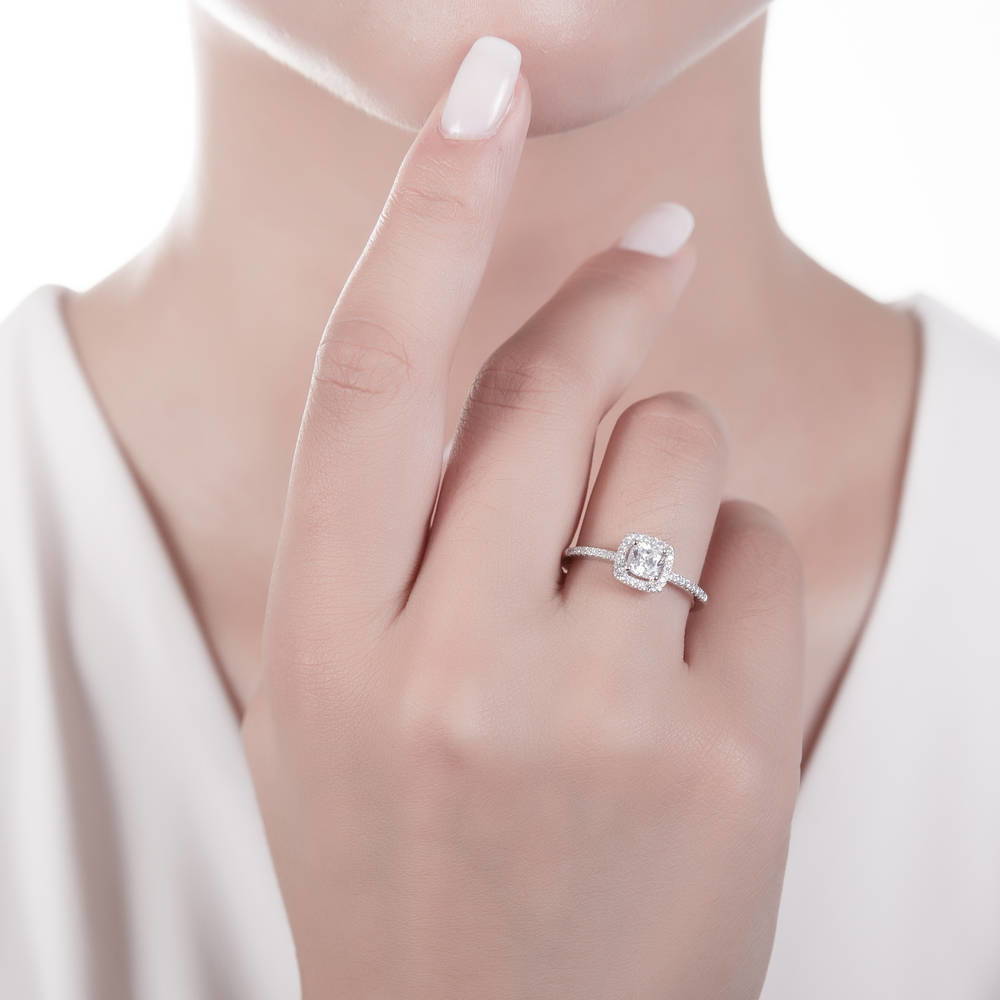 Model wearing Halo Cushion CZ Ring in Sterling Silver, 2 of 7