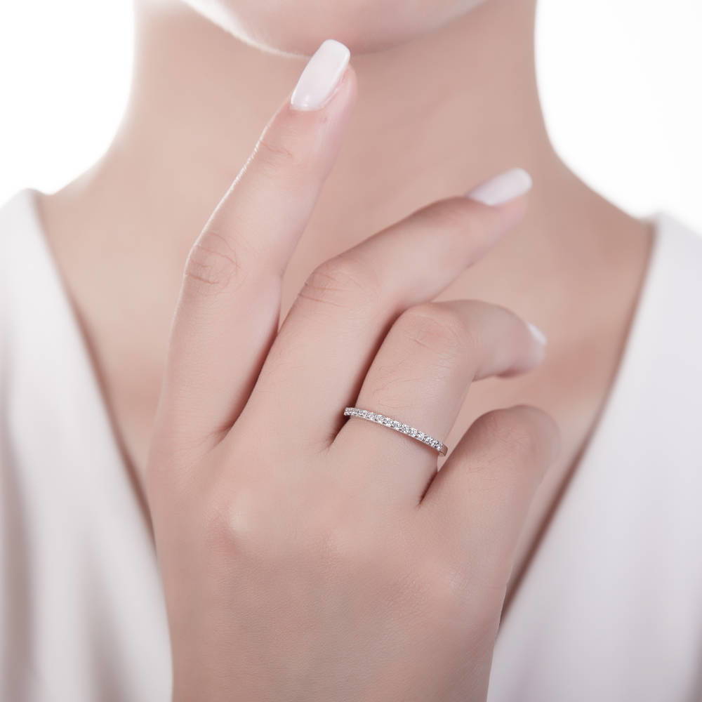 Model wearing Pave CZ Eternity Ring in Sterling Silver, 2 of 7
