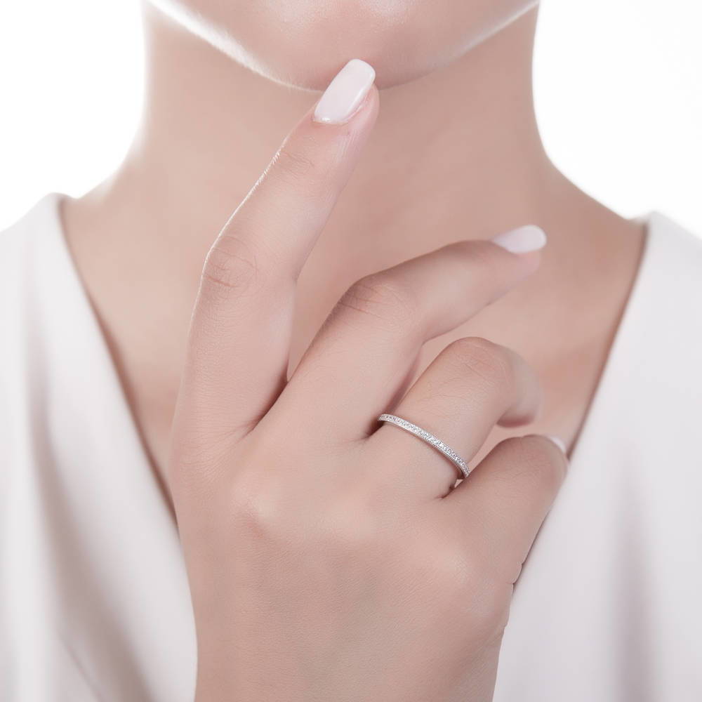 Model wearing Halo Heart Heart CZ Ring Set in Sterling Silver, 6 of 8