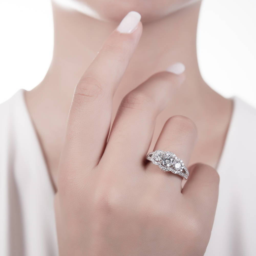 Princess Moissanite and Diamond Halo 3-Stone Bridal Rings Set 3 1/10 CTW  14k Gold – Kobelli