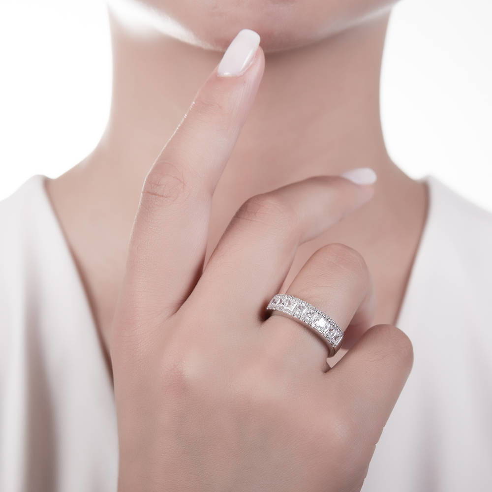 Model wearing Channel CZ Eternity Ring in Sterling Silver, 6 of 12