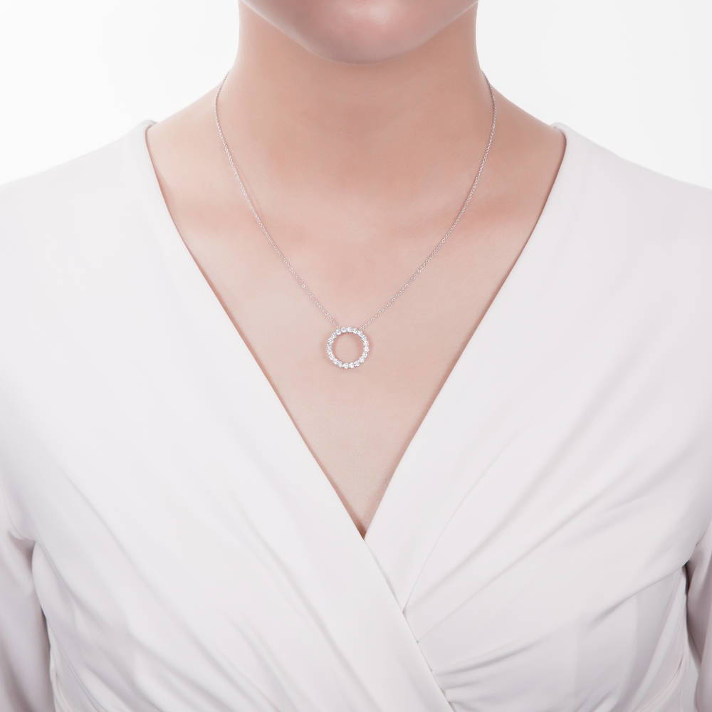 Model wearing Open Circle CZ Necklace and Earrings Set in Sterling Silver, 11 of 15
