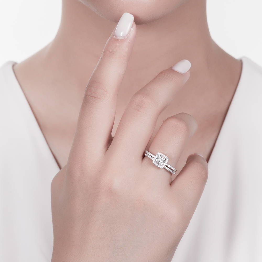 Model wearing Halo Cushion CZ Ring Set in Sterling Silver, 5 of 9