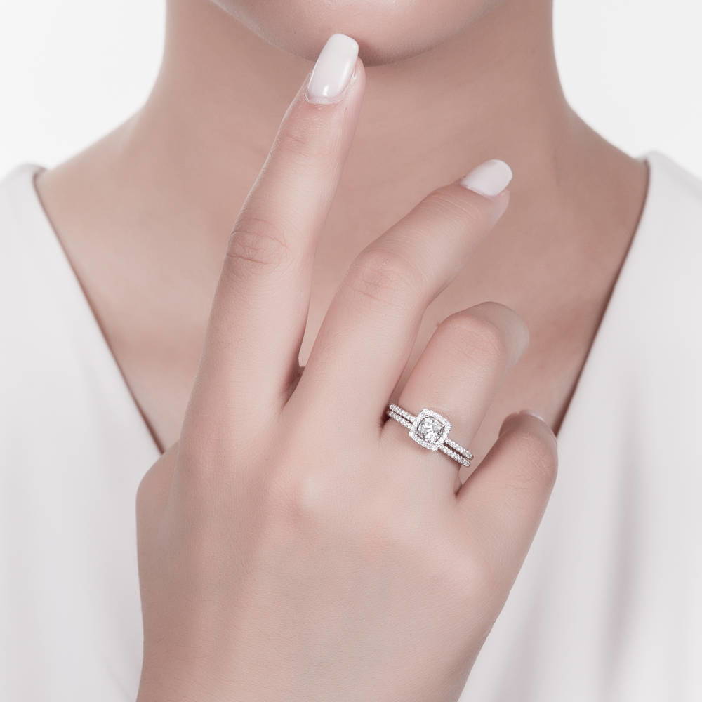 Model wearing Halo Cushion CZ Ring Set in Sterling Silver, 6 of 11