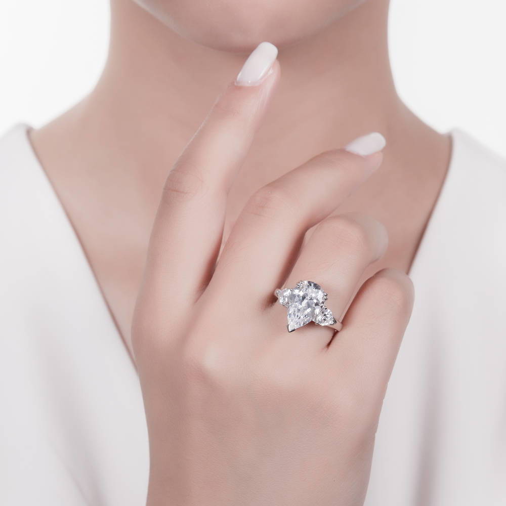 Model wearing 3-Stone Pear CZ Statement Ring in Sterling Silver, 5 of 10