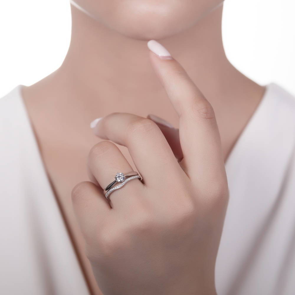 Model wearing Solitaire Wishbone 0.45ct CZ Ring Set in Sterling Silver, 2 of 11