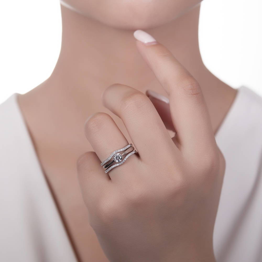 Model wearing Solitaire Wishbone 0.45ct CZ Ring Set in Sterling Silver, 2 of 13