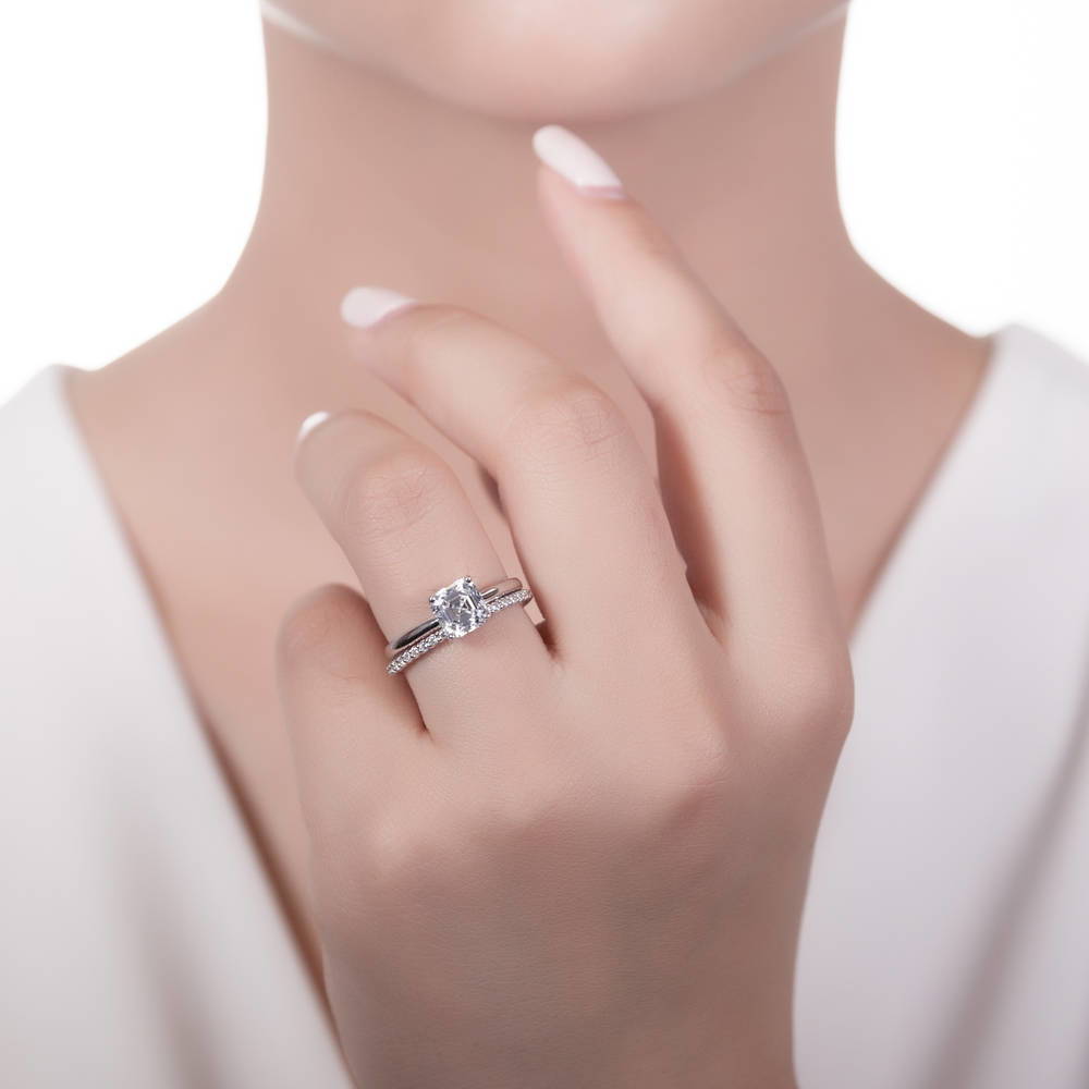 Model wearing Solitaire 2ct Asscher CZ Ring Set in Sterling Silver, 2 of 11