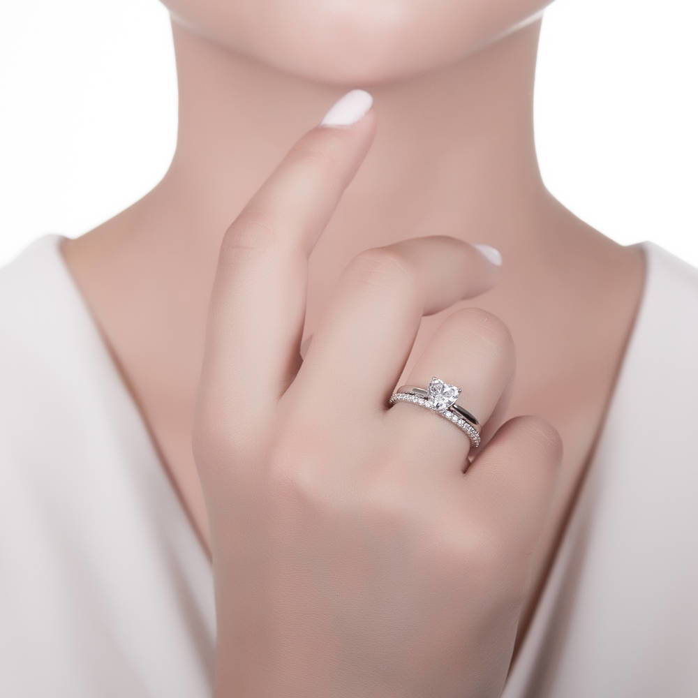 Model wearing Solitaire Heart 1.1ct Heart CZ Ring Set in Sterling Silver, 2 of 13