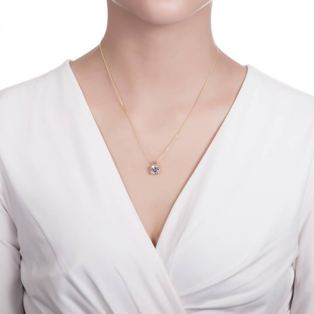 Model wearing Solitaire 3ct Asscher CZ Necklace in Gold Flashed Sterling Silver, 2 of 6