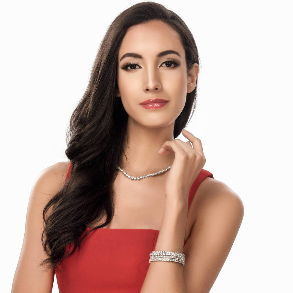 Model wearing Graduated CZ Necklace and Earrings in Sterling Silver, 11 of 17
