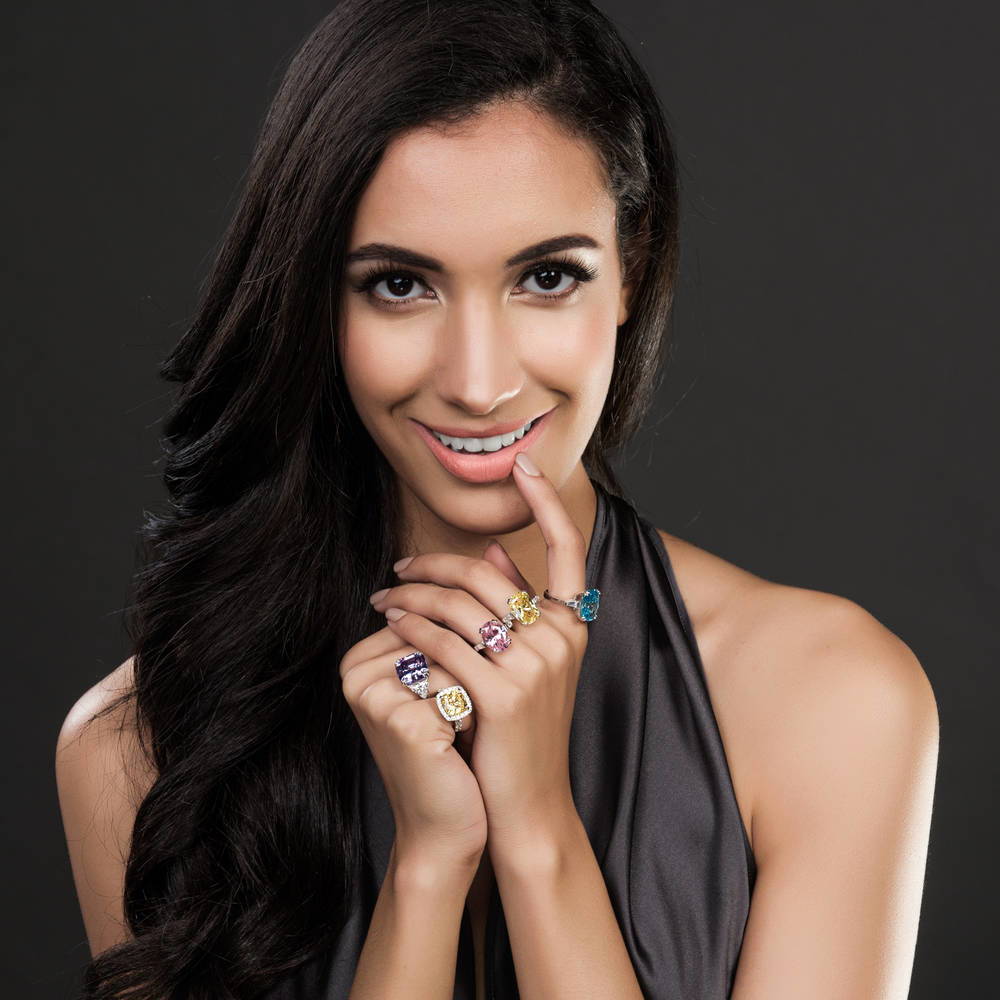 Model wearing 3-Stone 12.6ct Purple Asscher CZ Ring in Sterling Silver, 10 of 11