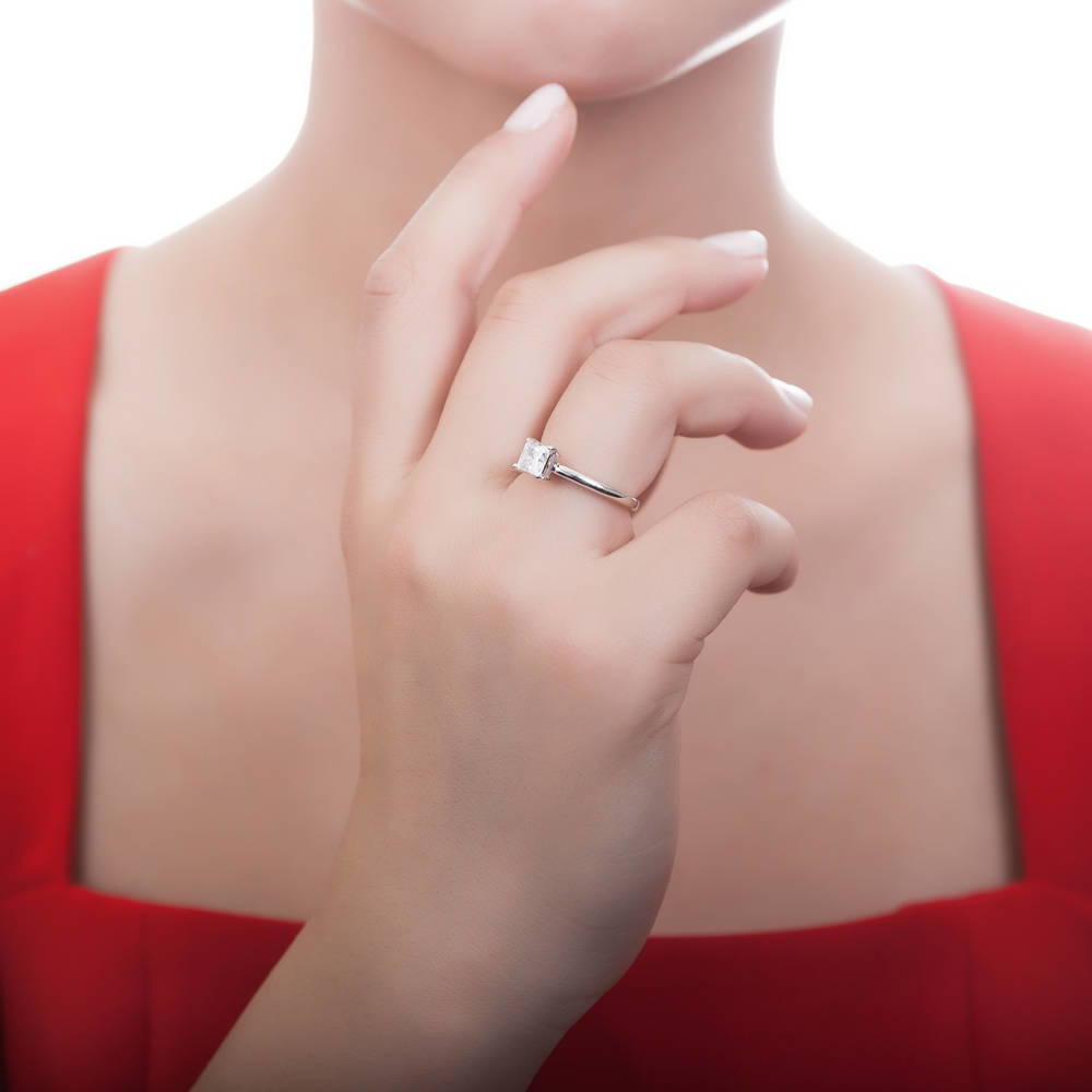 Model wearing Solitaire 1ct Princess CZ Ring Set in Sterling Silver, 5 of 11