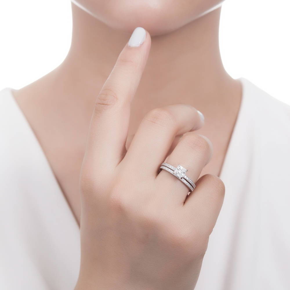 Model wearing Pave CZ Eternity Ring in Sterling Silver, 15 of 20
