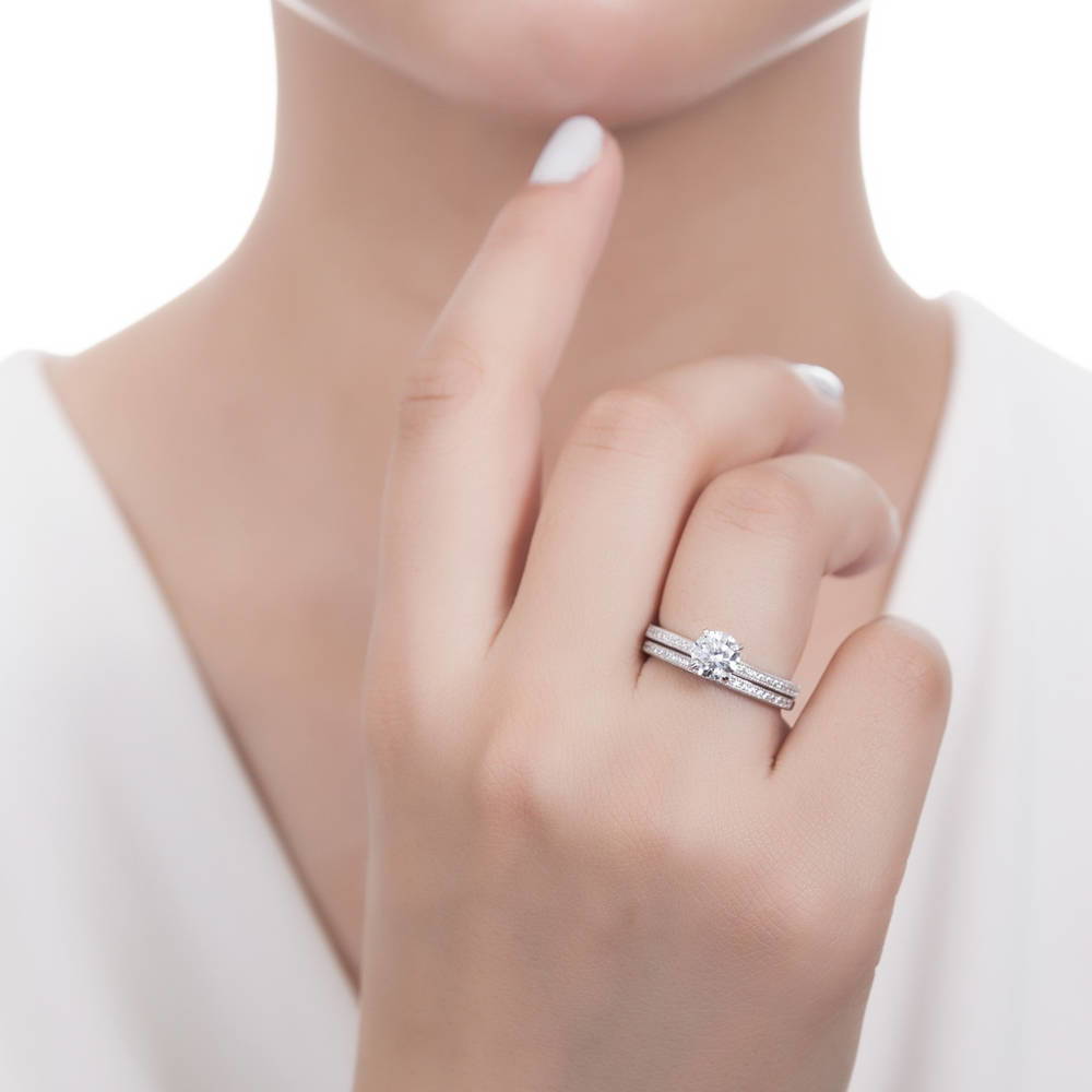Model wearing Pave CZ Eternity Ring in Sterling Silver, 14 of 20