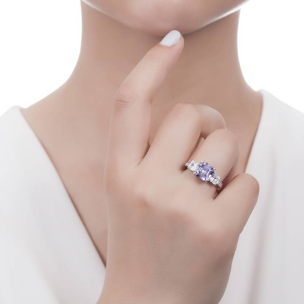Model wearing 3-Stone 4.1ct Purple Asscher CZ Ring in Sterling Silver, 2 of 9